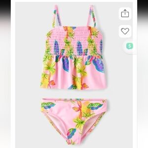 Girls Tropical Print Smocked Pink Tankini Swimsuit Size XL (14)